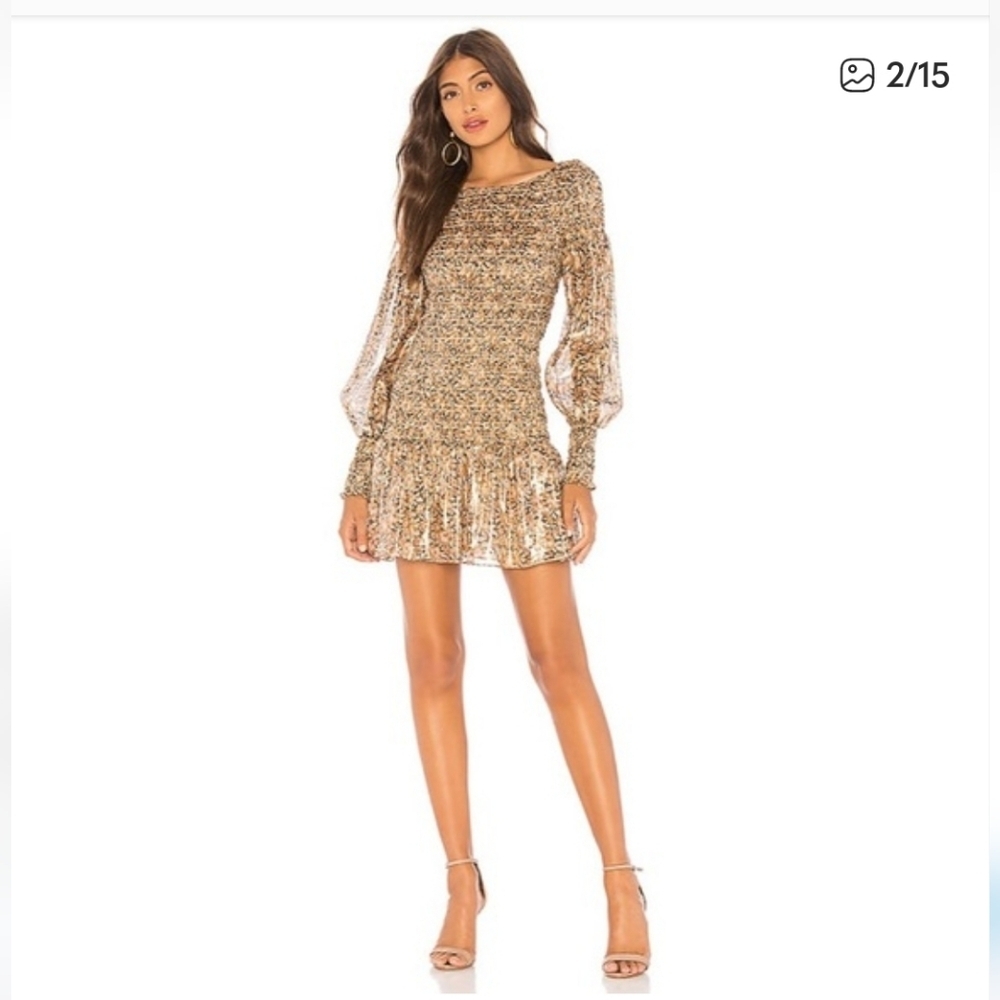 LoveShackFancy Smocked Long Sleeve Mini Dress Ruffle Hem Multicolor Boho